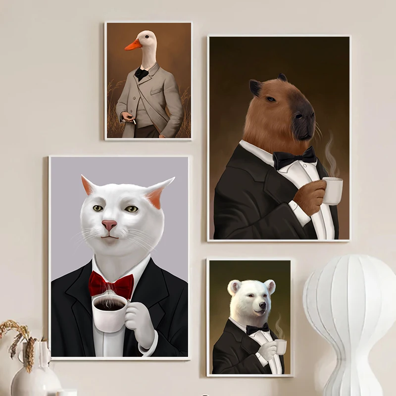 Funny Memes Capybara Duck Wear Buiness Suit Drink Coffee Posters Canvas Painting Animal Wall Art For Living Room Home Decoration