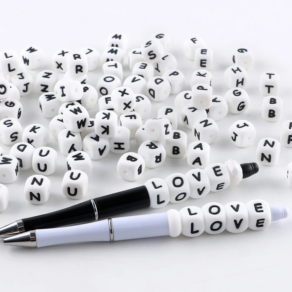 

15-100pcs/Lot 12mm White Square English Letters Silicone Beads For Jewelry DIY Keychain Necklace Bracelet Etc Accessories