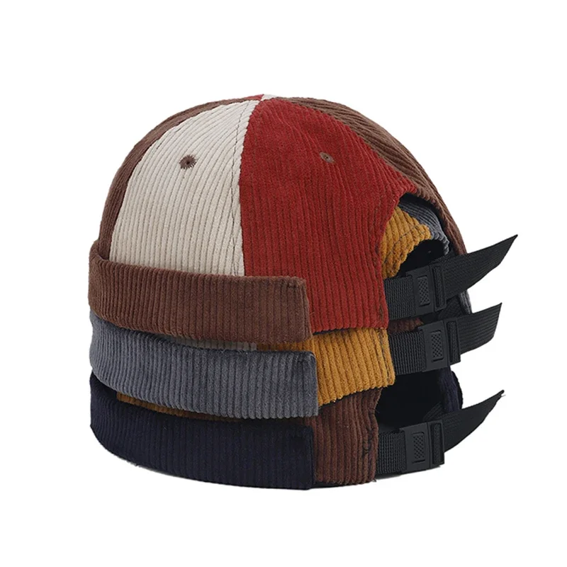 Amber Corduroy Docker Cap Without Visor Splice Color Brimless Beanies Cap Dome Vintage Winter Autumn Warm Outdoor Hip Hop Hat