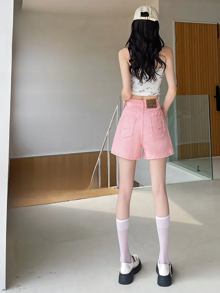 Denim Tipis Pinggang Tinggi Orts Wanita Musim Panas Kasual Longgar Fit A-Line Multi-ket Ritsleting Katun Terbang Poliester Campuran Ors