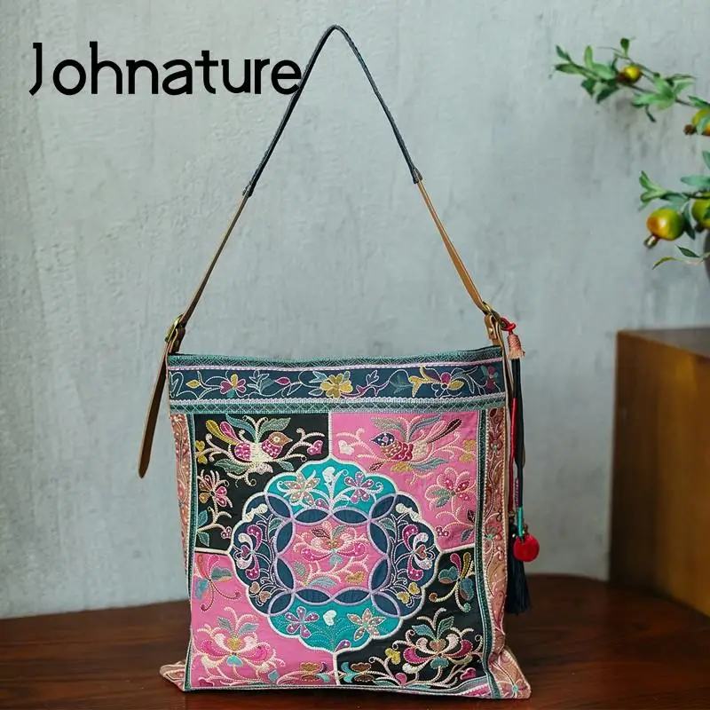 

Johnature National Style Exquisite Hand Embroidery Women Tote Bag Retro Tassel Large Capacity Luxury Handbag Shoulder Bags