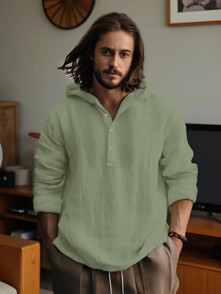 

Texture Fabric Blouse Autumn 2025 New Long Sleeve Oversized Tops Men's Casual Solid Color Linen Blend Hooded Shirt Man Clothings