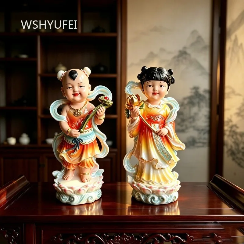 Colorful Resin Boy and Girl Statue Chinese Gold Boy Jade Girl Figurines Holding Lotus and Ruyi for Home Blessing Decor