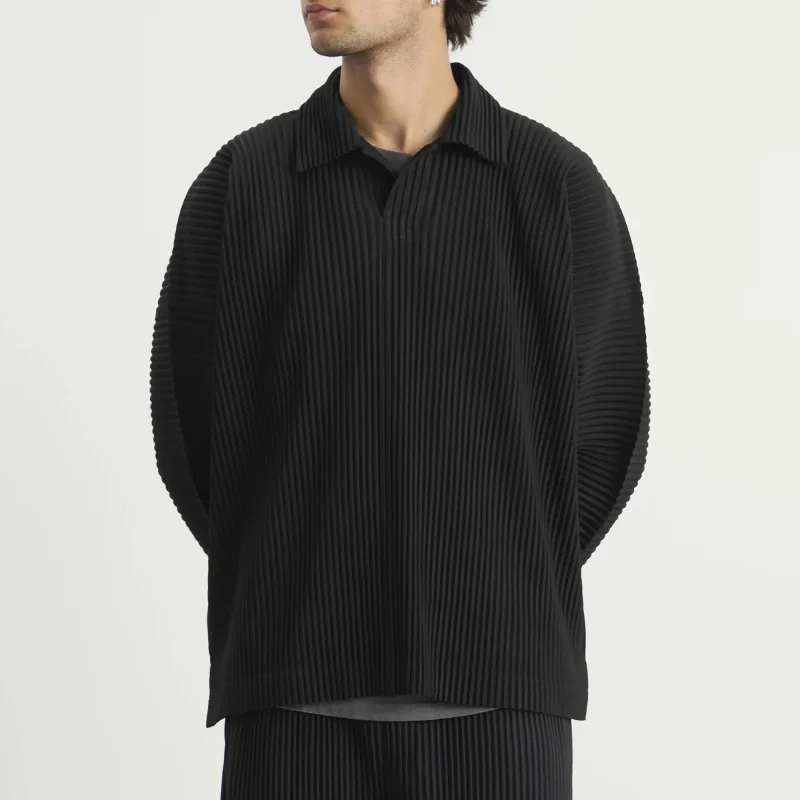 Miyake Plisse Pleated Men's Long Sleeve Polo Shirt Japanese Style Loose Fit Lapel Stretch Casual Streetwear Fashion Top — купить у AliExpress WW