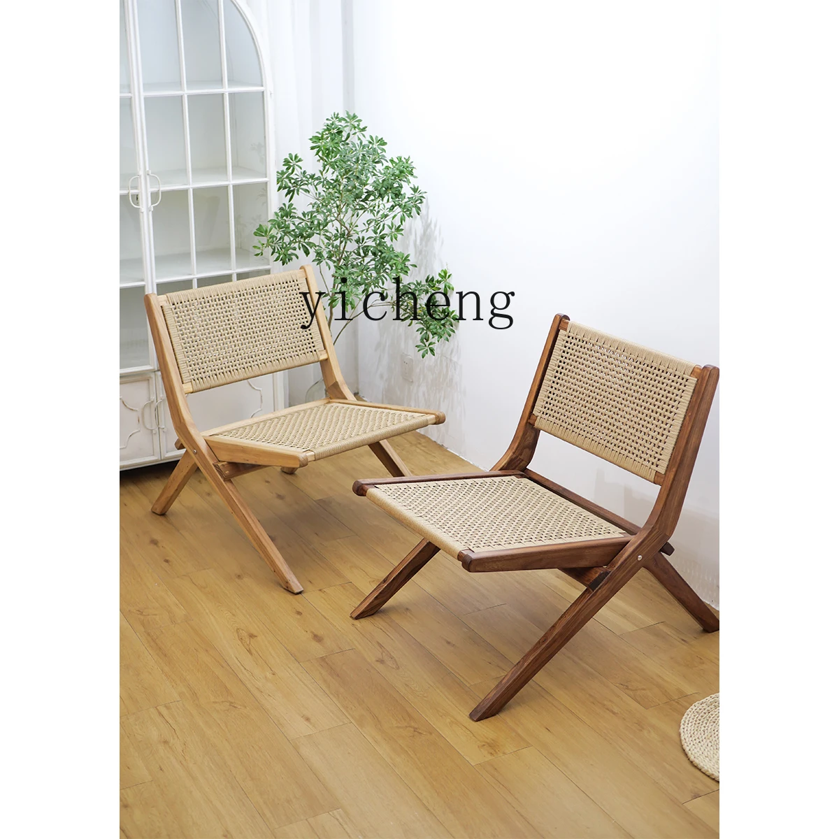 

TQH retro solid wood rope folding chair recliner home balcony rattan leisure chair