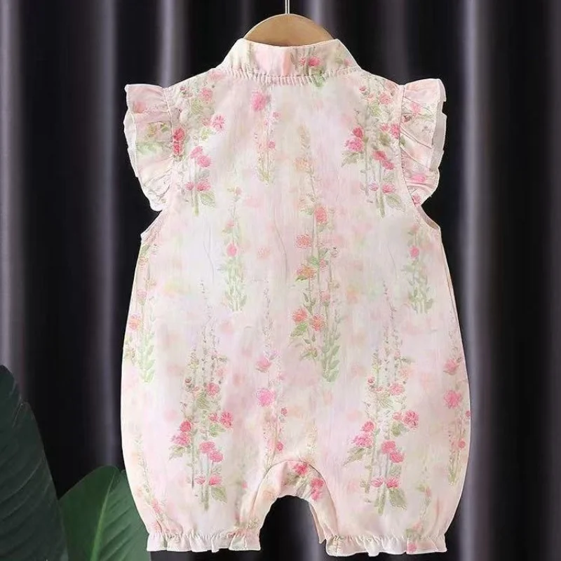 Summer 0-3Y Newborn Bodysuit Flying Sleeve Floral Ruffled Short Romper with May Bells Flower Decor for Baby Girls Clothes