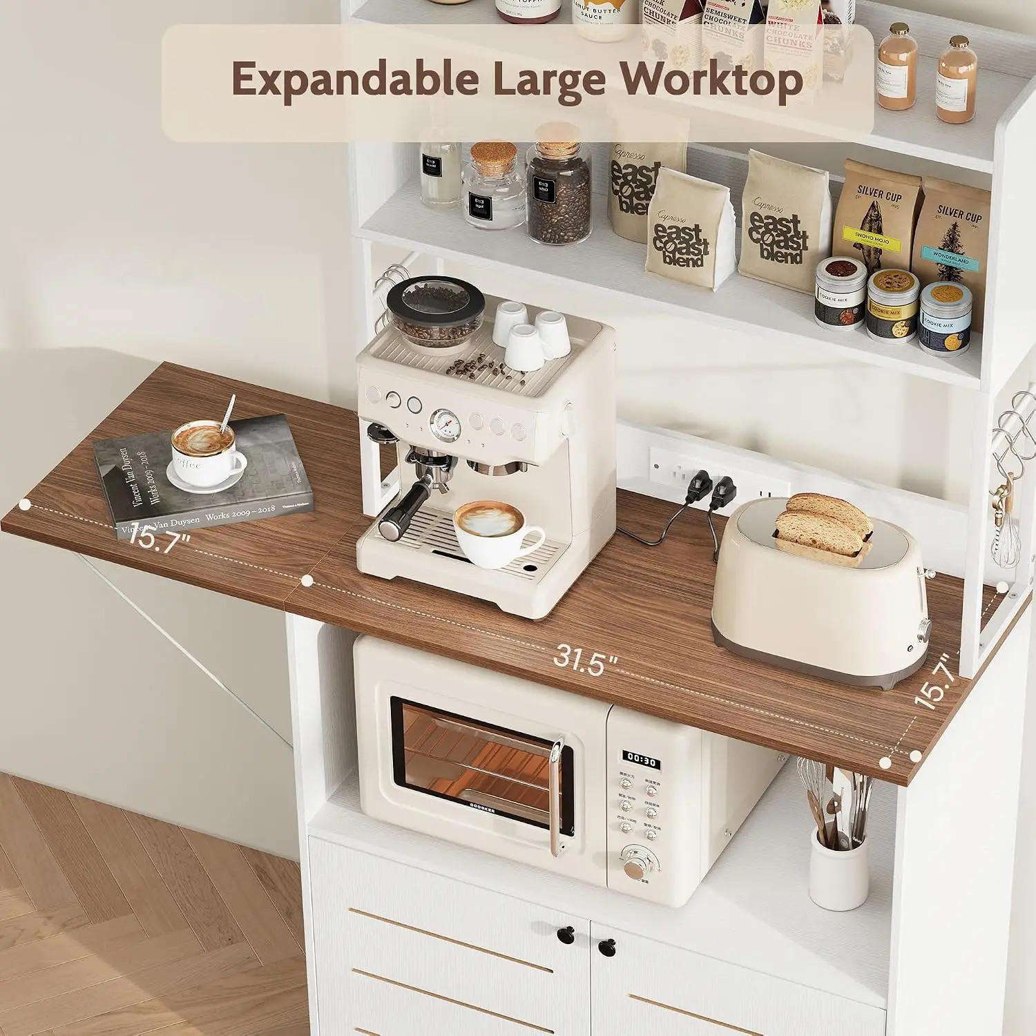 Bakers Rack with Power Outlet and Storage, 5-Tier Microwave Stand