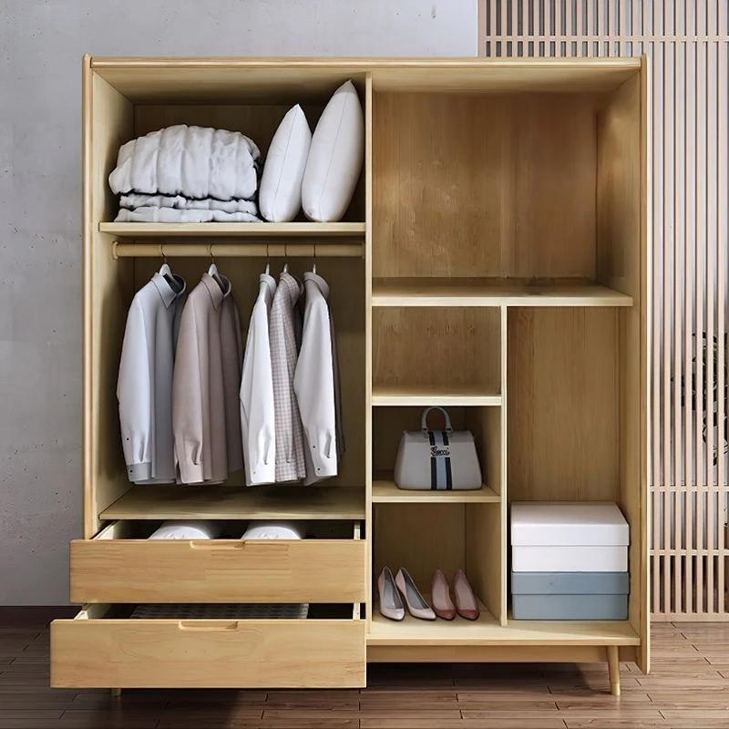 Wooden wardrobe bedroom glass sliding door large wardrobe Nordic solid wood wardrobe modern simple home