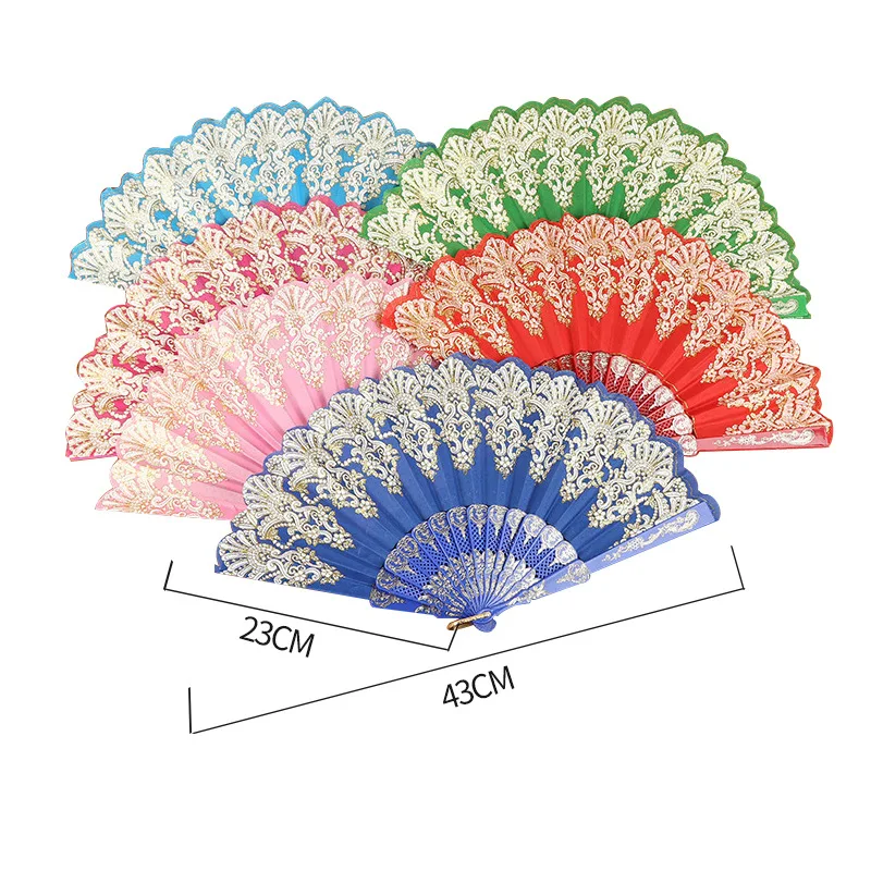 빈티지 접이식 선풍기 중국 스타일 댄스 공연 핸드 팬, 골드 파우더 플라스틱 선풍기 아트 공예 선물, 웨딩 파티 홈 데코