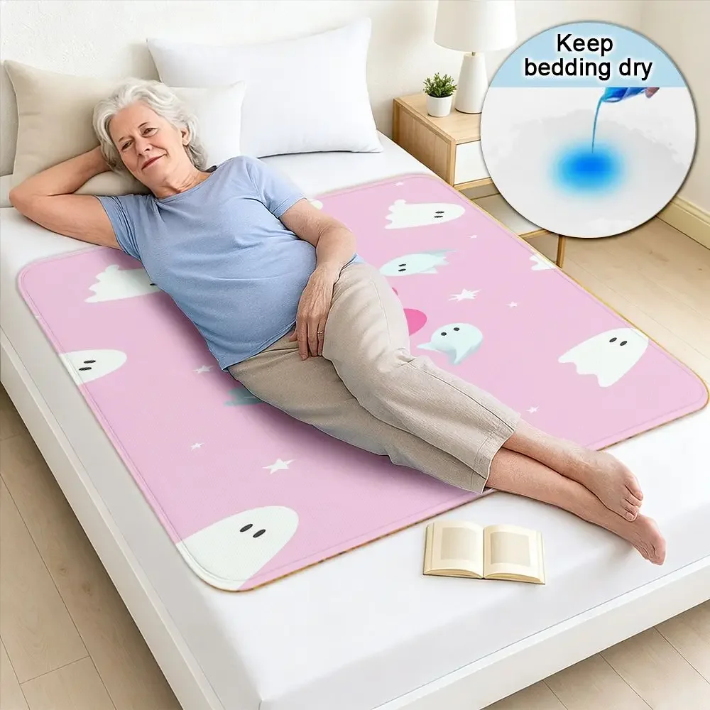 Washable & Reusable Care Urine Pad, Cute White Ghosts On Pink Background Pattern, Incontinence Bed Pad for Adults & Elderly