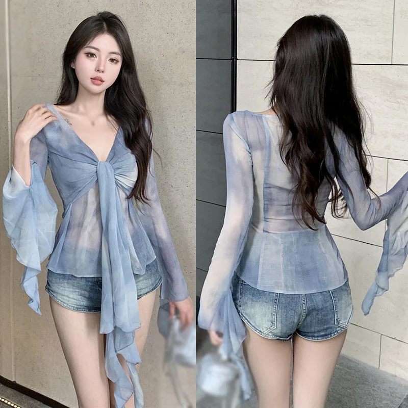 Sexy V-neck Chiffon Shirt Women Long Sleeves Summer Gradient Tie Dyed Ruffle Flare Sleeve Top Blouses Autumn Sexy T-shirts