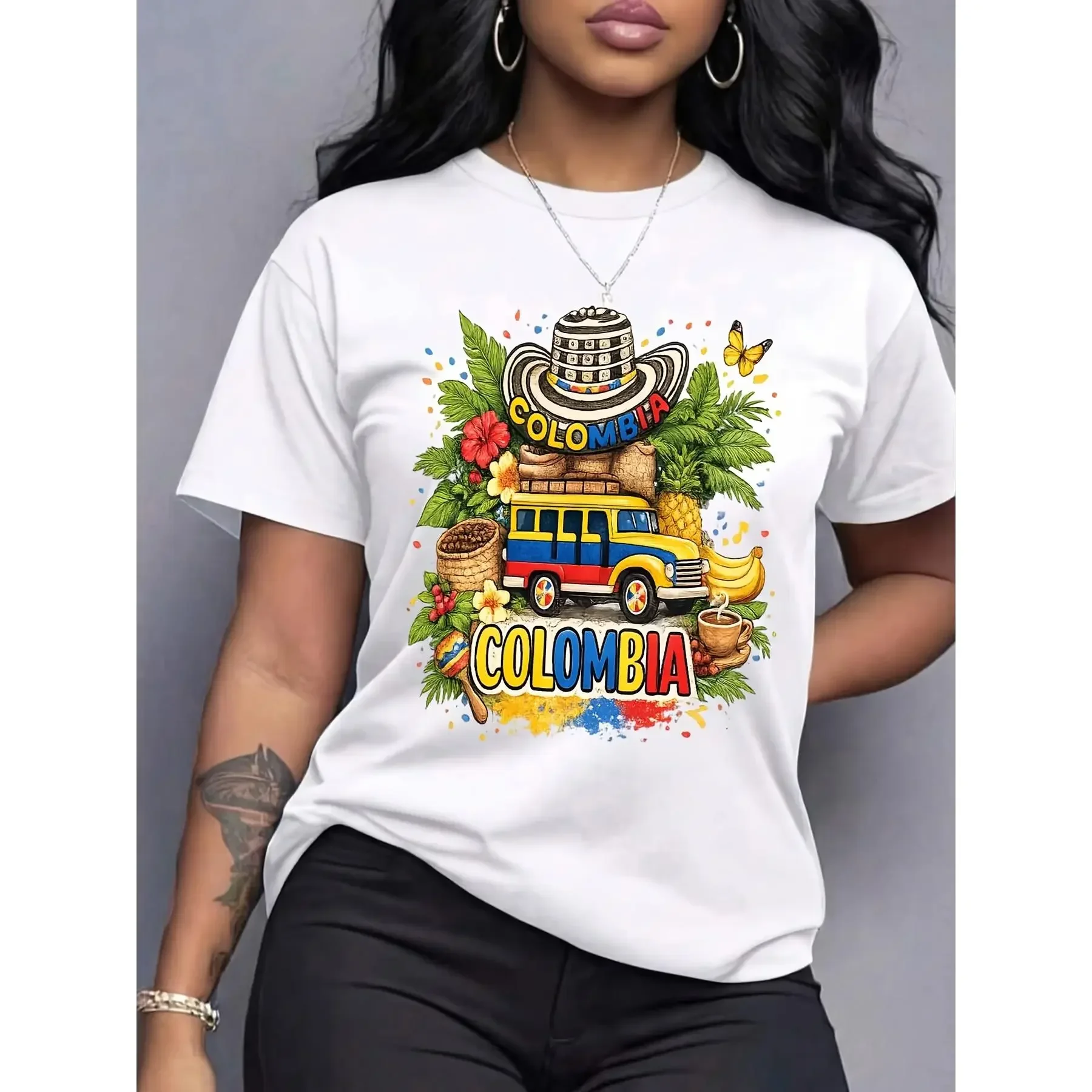 Women's Casual Graphic T-Shirt - Colombia Travel Culture Design, Short-Sleeve Breathable Essential Fabric Tops, Summer Vacation Wear for Travelers & Colombia Lovers,sohochic