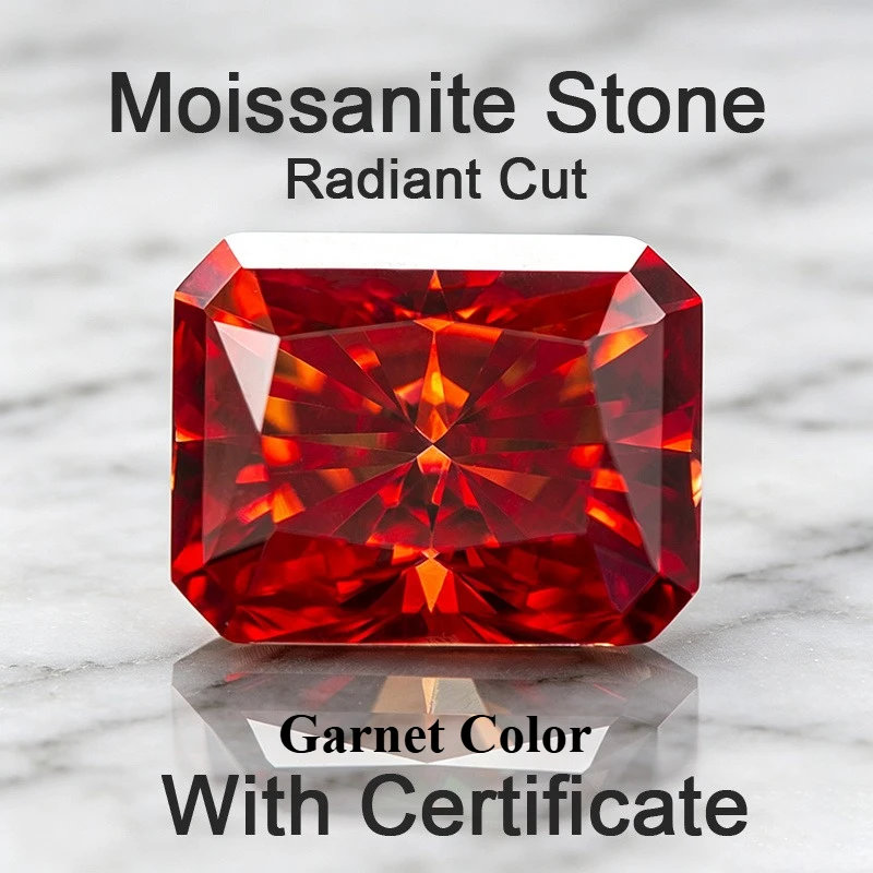 Moissanite Stone Radiant Cut Garnet Red Color Charms Gemstone for Advanced Jewelry Making Pass Diamond Tester with Certificate