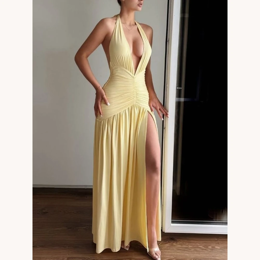 Abiti da ballo personalizzati Abito da sera pieghettato senza schienale con scollo a V profondo con cinturino all'americana giallo Squisiti abiti da festa di alta qualità da donna