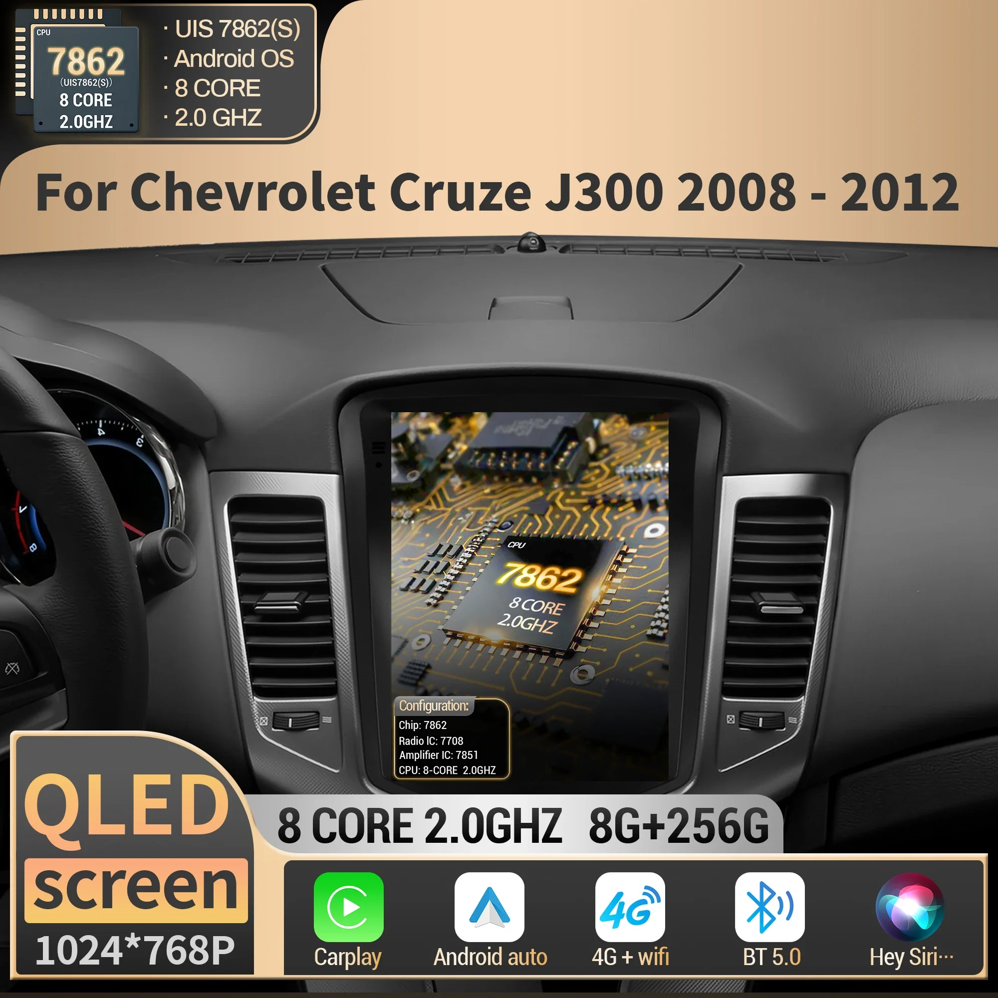 9.7 Inch For Chevrolet Cruze J300 2008 2009 2010-2012 Car Radio Multimedia Wireless BT Carplay Android 14 QLED Screen Stereo