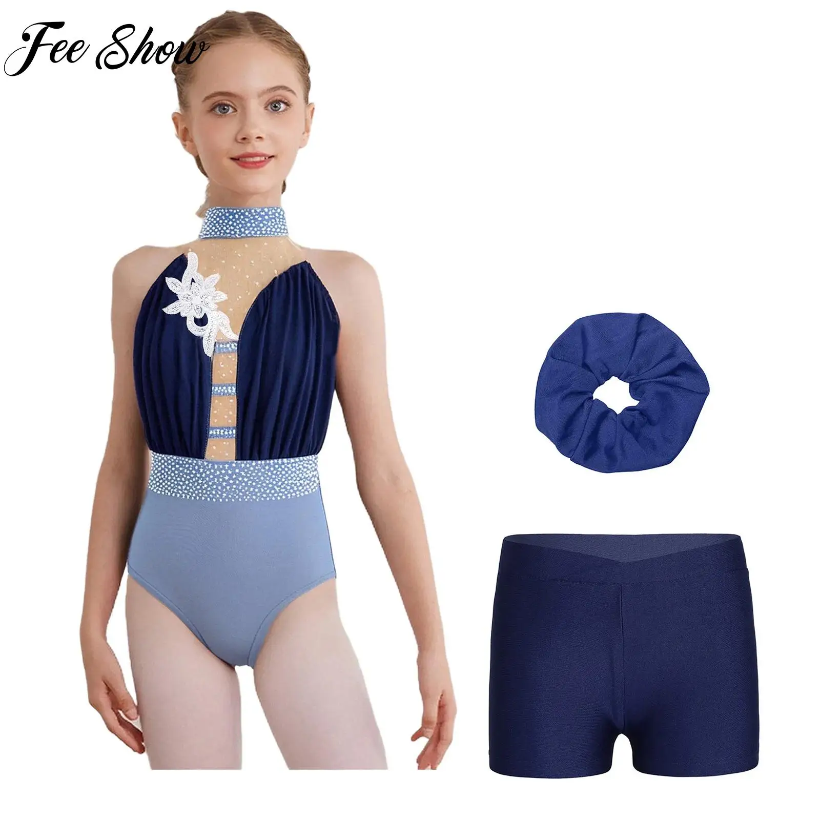 

Kids Girls Applique Athletic Gymnastics Figure Skating Outfit Costume Sleeveless Leotard+Shorts+Hairband 3-piece Set Ballerina