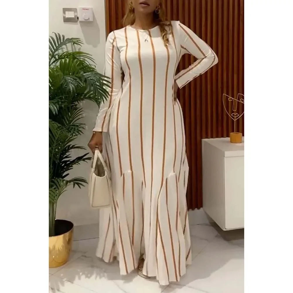 Plus Size Semi Formal Maxi Dresses Elegant White Striped Fall Winter Long Sleeve Cotton Ruffled Skirt Hem Maxi Dresses