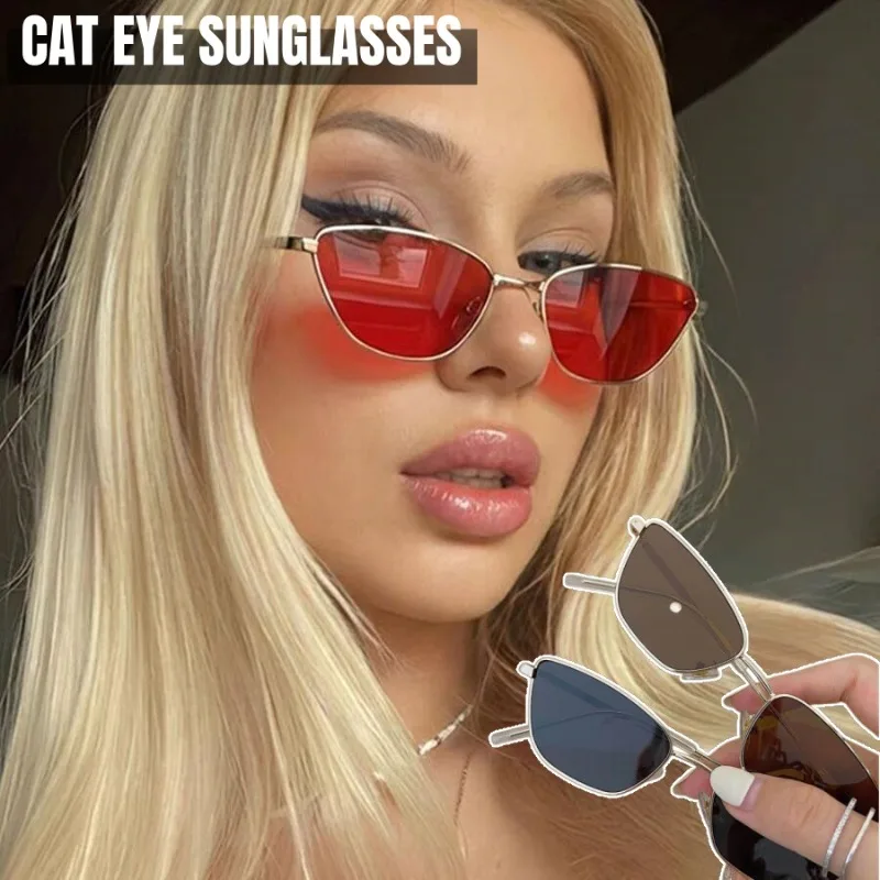 Trendige Cat-Eye-Sonnenbrille für Damen, Luxusmarken-Designer-Sonnenbrille, kleiner Metallrahmen, farbige Gläser, Sonnenbrillen