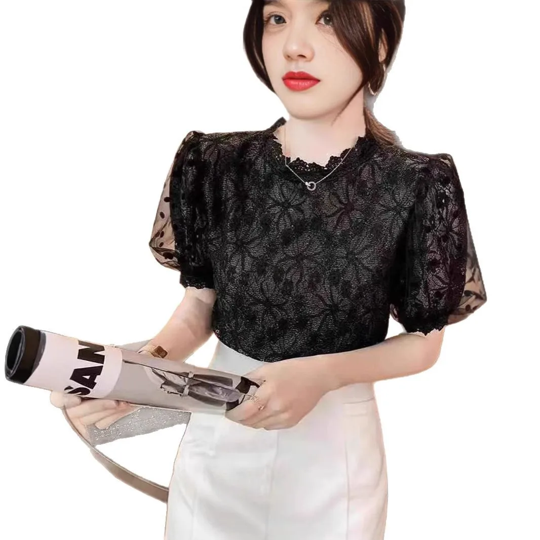 Vrouwen Zomer Tops Gehaakte Kant Mesh Tees Sexy Vintage Korte Mouw Elegante T-shirts Losse Blouse Casual Tees