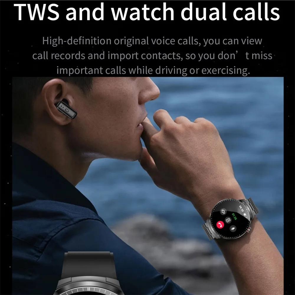 ساعة ذكية TWS 2 في 1 سماعة بلوتوث دعوة معدل ضربات القلب سماعات الموسيقى Smartwatch الرجال مراقبة الصحة النساء الرياضة 1.85 "جديد