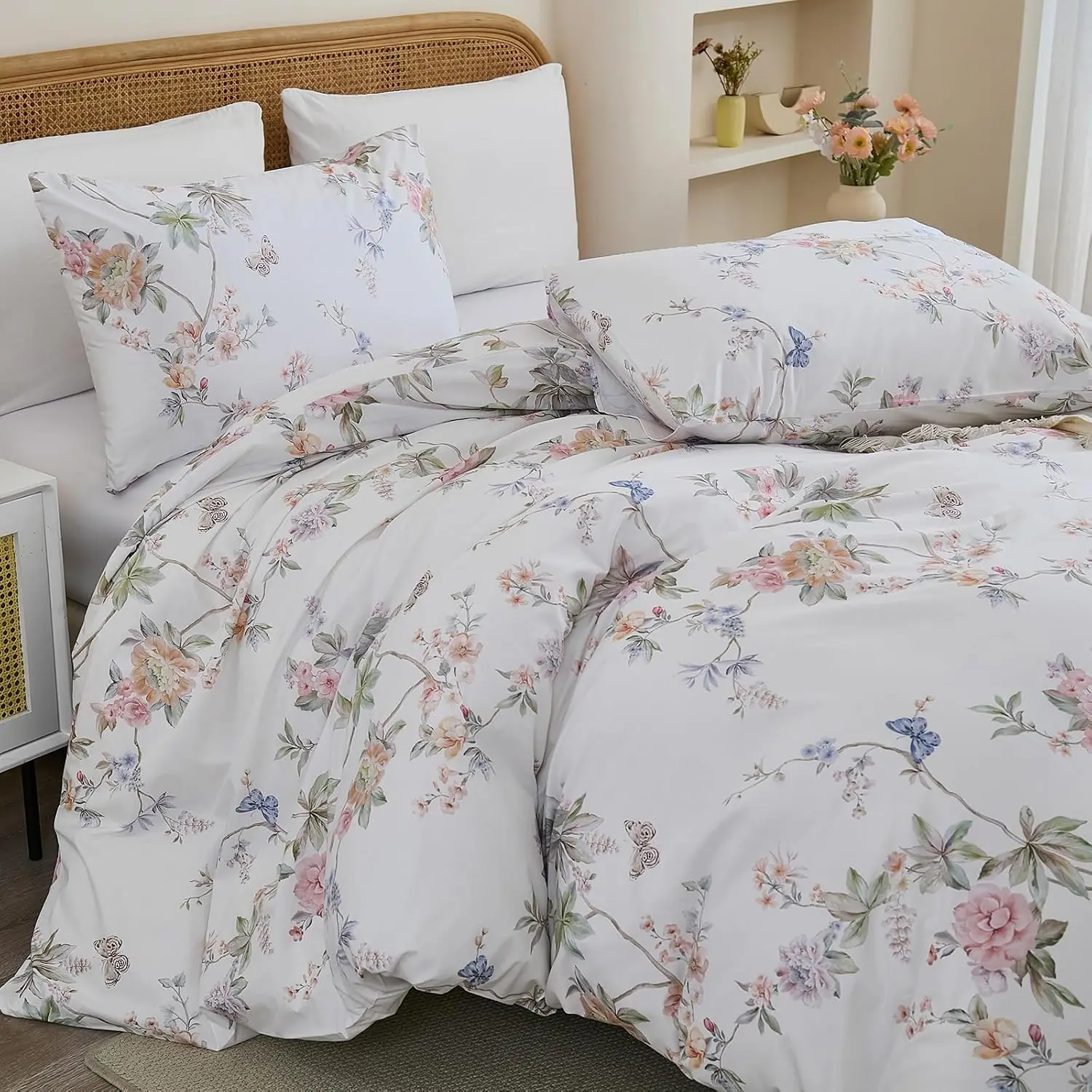 100% Cotton Duvet Cover Queen/King Size – Elegant French Romantic Floral Duvet Cover Set with Zipper Closure, 3-Piece Soft Breathable Durable Percale Cotton Bedding Set for All Seasons