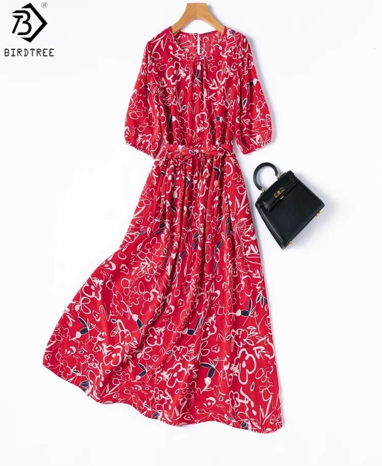 

BirdTree 100% Mulberry Silk Red Printing Dress,Woman Double Crepe Bubble Sleeve Belt Long Dress,2025 Summer New D56640JF