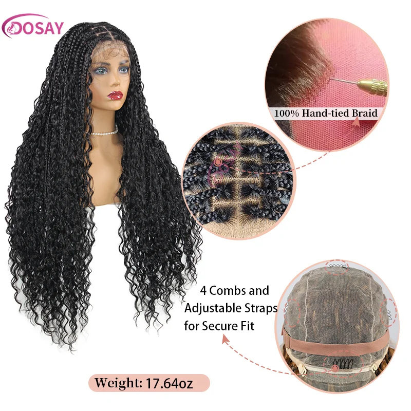 Wig kepang sintetik 32 "#4 cokelat tua Boho tanpa simpul Wig kepang kotak Bohemian Wig kepang untuk wanita hitam dengan rambut bayi