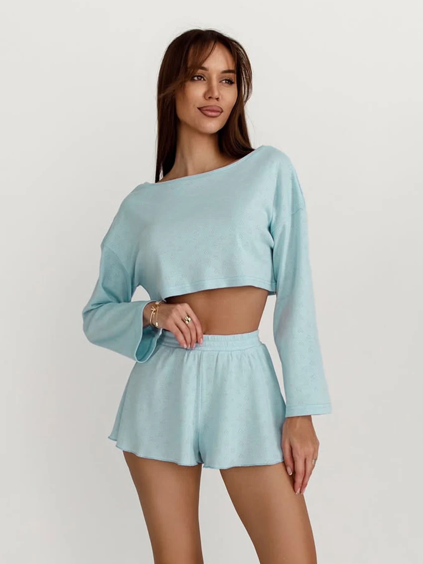 Marthaqiqi Summer Ladies Nightgowns Suit O-Neck Pajamas Long Sleeve Sleepwear Crop Top Nightwear Shorts Casual Women Nightie Set