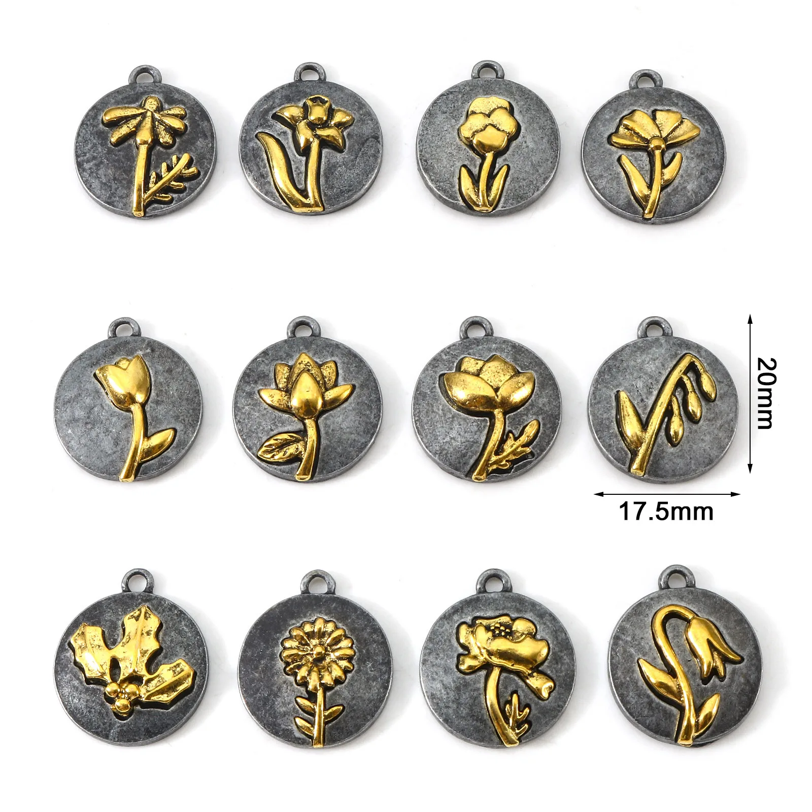 10PCs Vintage Birth Month Flower Charms Antique Gold Color Round Flower Pendants DIY Necklace Women Party Jewelry 20mm x 17.5m