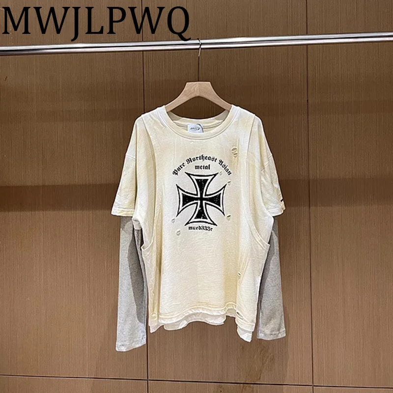 

MWJLPWQ Male Fake Two Piece Spliced Destroy T-shirts High Street Letter Printed Niche Design Distress Hiphop Tops New 010527