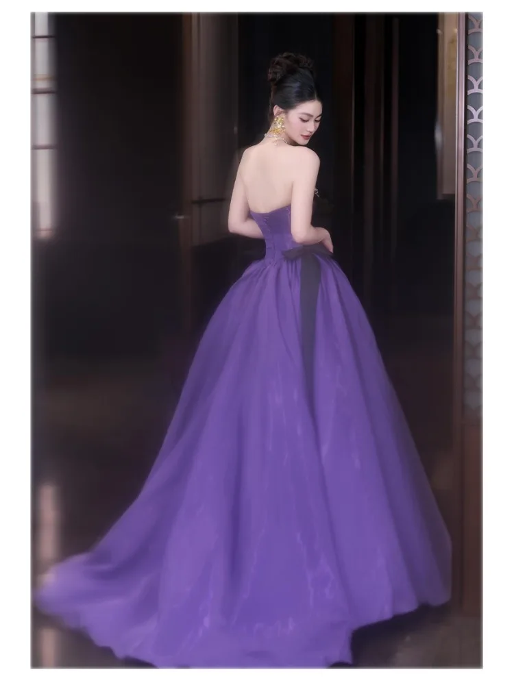 Abiti da ballo principessa viola Abiti da ballo in cristallo con scollo all'americana in metallo Decro Uva Abito da sera a linea con fiocco nero Abito formale per ragazza carina Nuovo