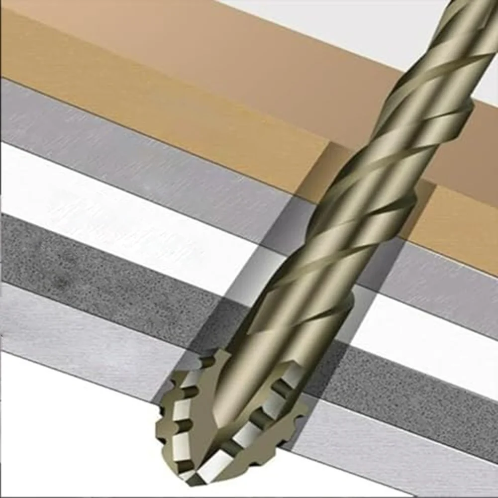 

4 Flute Eccentric Drill Bits with Secure Hex Shank and Spiral Groove Designed for Efficient Chip Removal on Multiple Surfaces