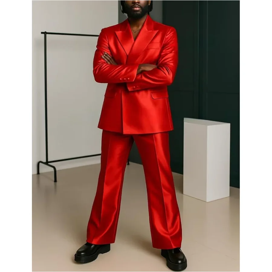 

Satin Red Suits For Men Loose Style Custom Made Daily Party Groom Prom Wedding Casual Costume Hommes 2 Pieces Jacket Pants