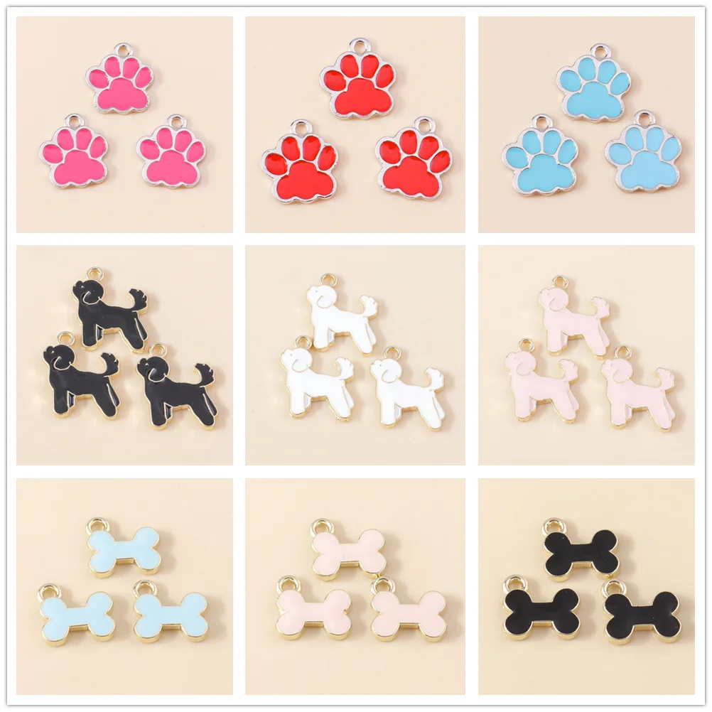 Leslie 10 Stück/Set Emaille Niedliche Katzen- und Hundepfoten-Hundeknochen-Anhänger für Ohrringe, Armbänder, Halsketten, Anhänger, DIY-Schmuckherstellungszubehör