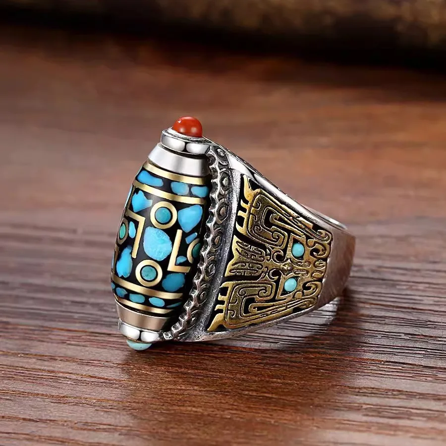 Rotating Nine-Eyed Heavenly Bead with Six-Syllable Mantra Spinning Ring Men's National Trend Handcrafted Vintage Bold Ring Jewel