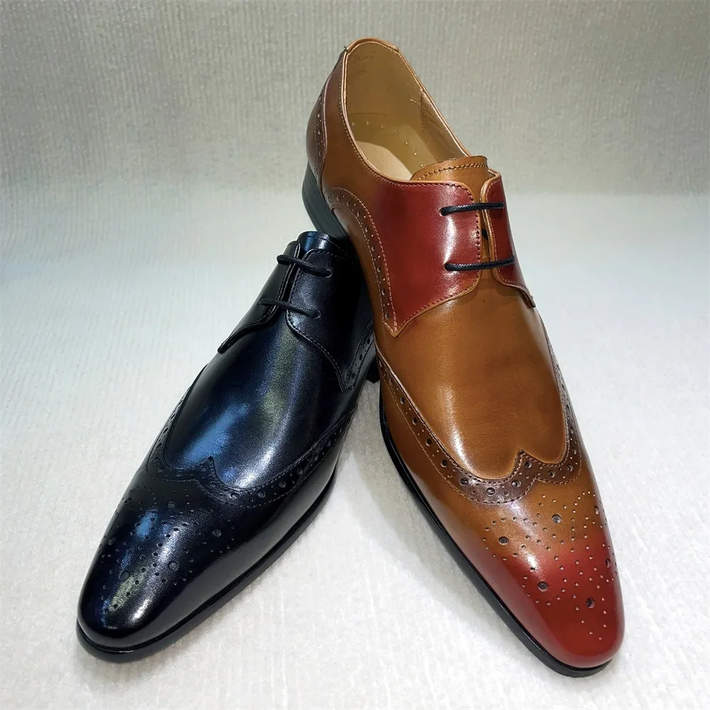 Brown Genuine Leather Brogue Shoes Handmade Casual Oxfords Breathable Lace-Up Dress Shoes Spring Autumn Fashion Size 39-46