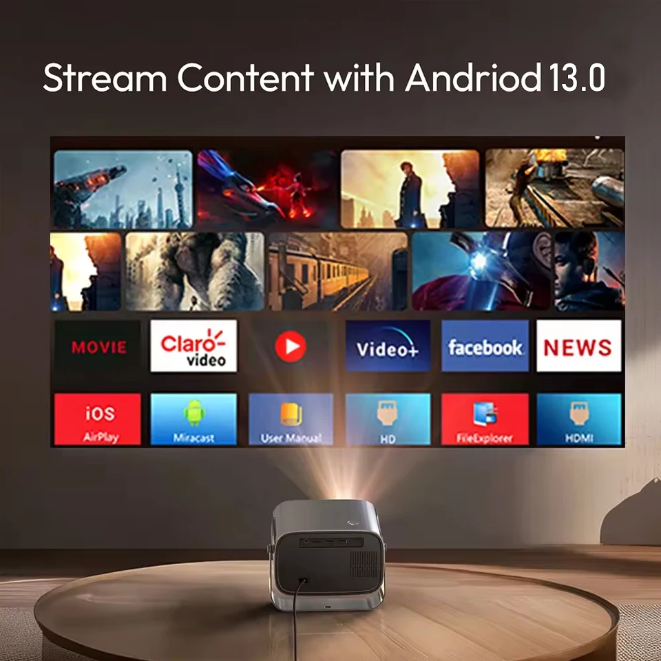 Heimkino 4K Android 11 Projektor Smartphone Native Autofokus Keystone BT5.2 WIFI 6 Portable 360 °   Drehen Sie einen 1280*720P-Projektor