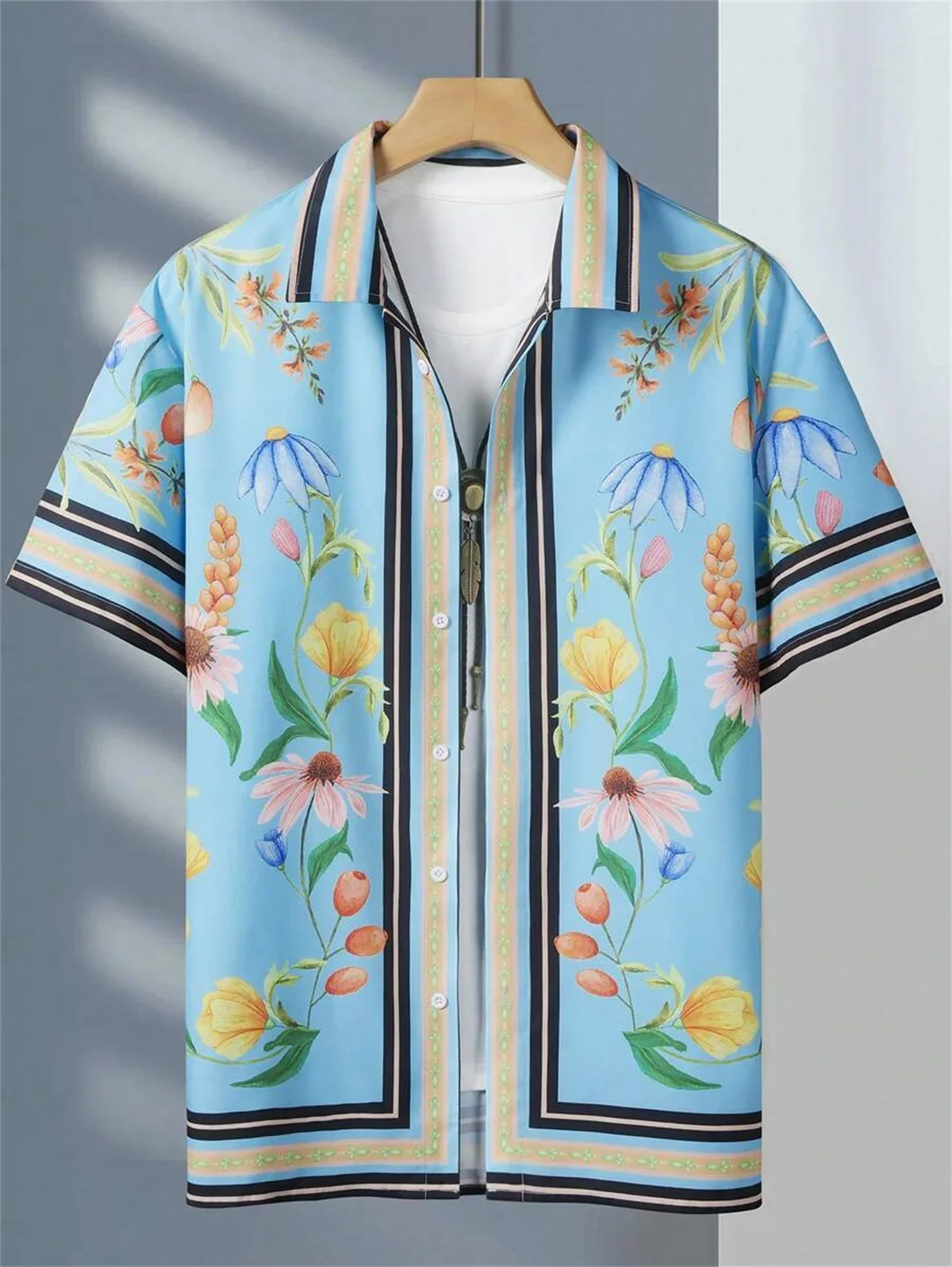 2024 New Men's Shirt Flower Print Ethnic Totem Style Lapel Men's Short Sleeve Tops Large Size Casual Men's Short Sleeve Shirt