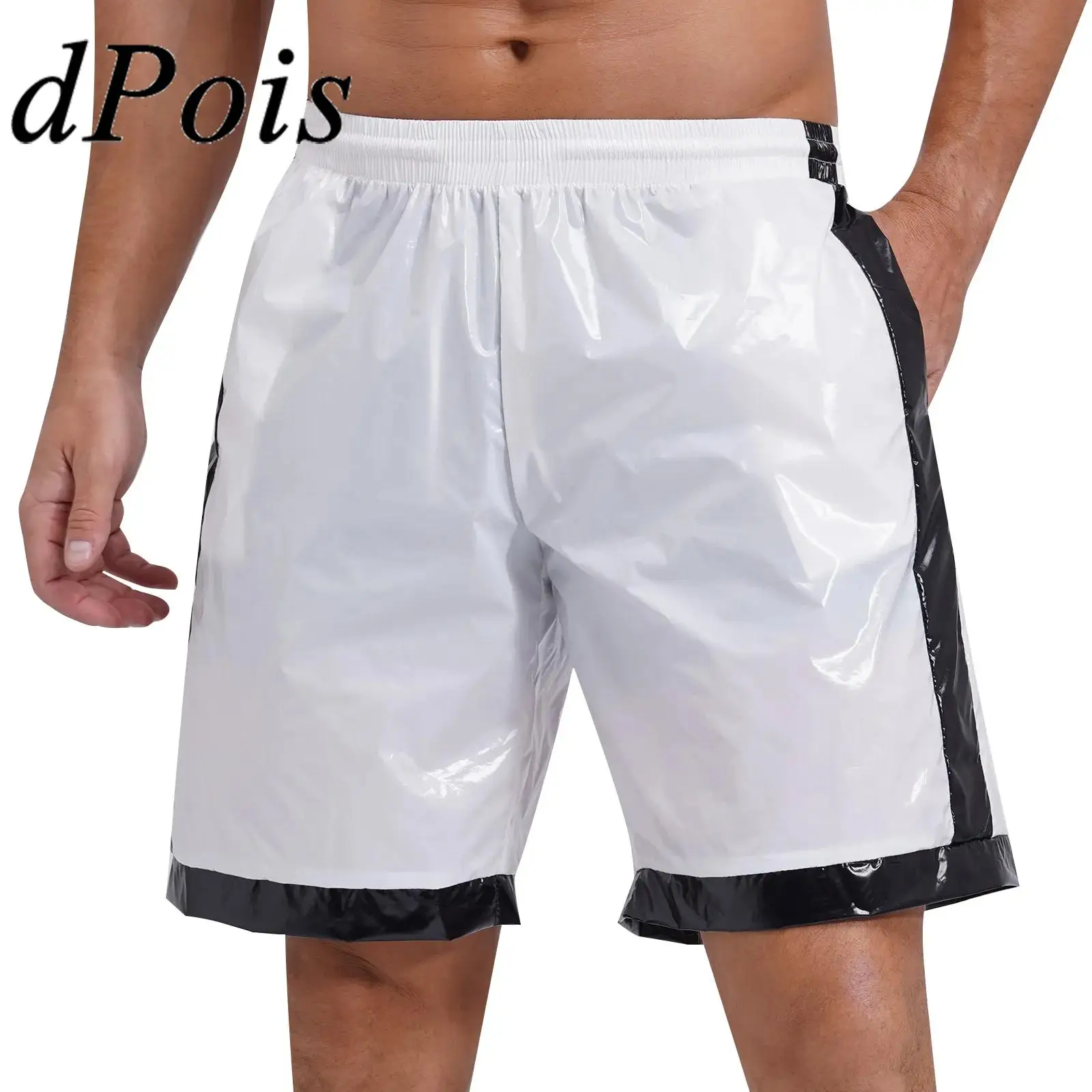 Mens Swimming Trunks Swimwear Wet Look Boxer Shorts Drawstring Elastic Waist Pockets Contrast Stripes Beach Shorts Loungewear