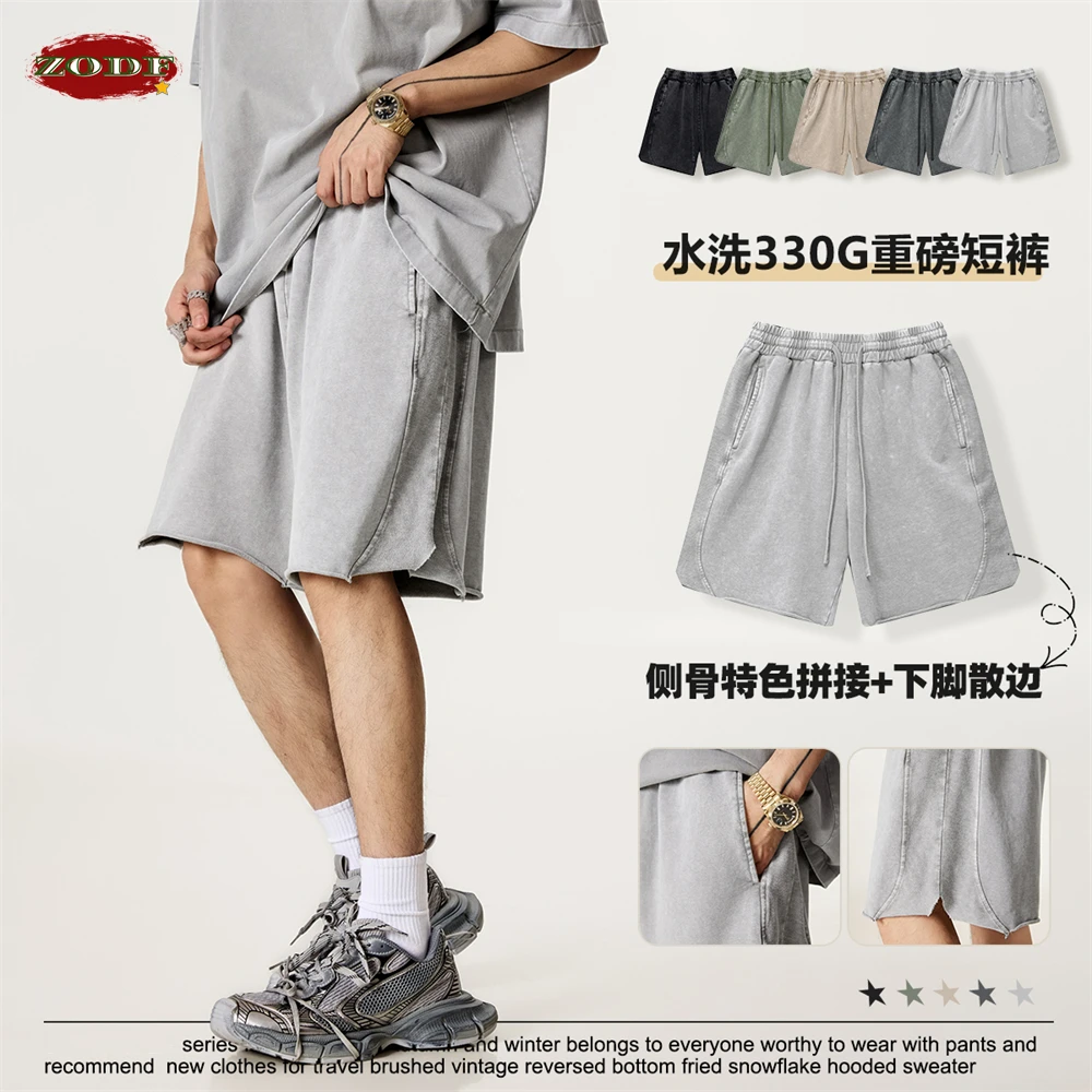 ZODF Vintage 2025 Summer Washed Cotton Shorts For Men Unisex Retro High Street Loose Edge Distressed 330gsm Shorts HY1011
