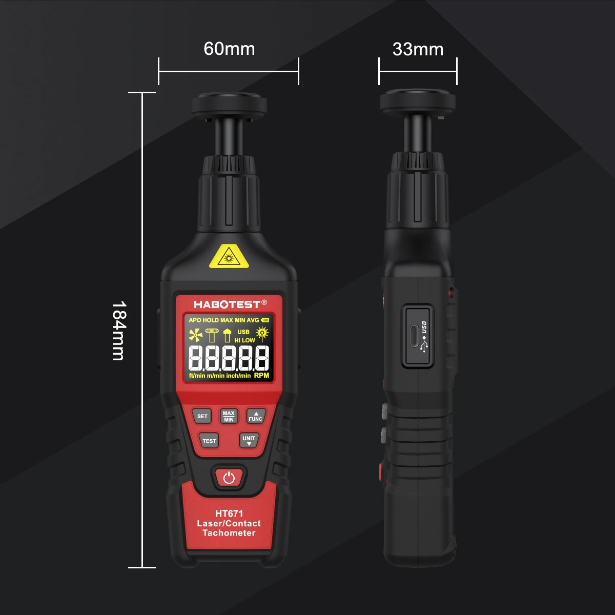 HABOTEST HT671 2-in-1 Kontakt- und Berührungsloser Laser-Tachometer (umschaltbarer Modus) 10-99999 Zählbereich Wiederaufladbarer Tachometer – Detail 5