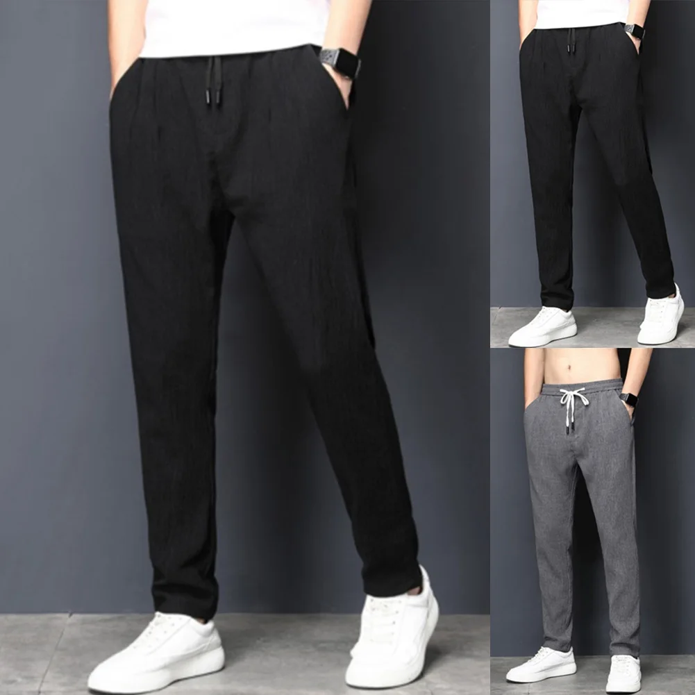 

Men Elastic Waist Sports Jogging Solid Pants Gym Bodybuilding Workout Fitness Trousers Soft Thin Baggy Straight Wide Leg Pants