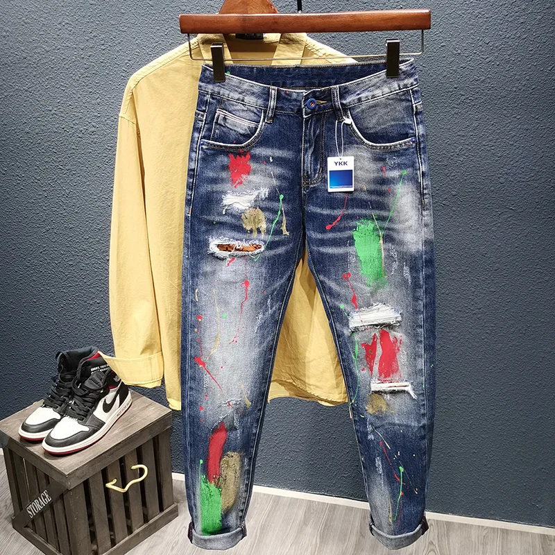 Men's Graffiti Jeans Fashion Spray Paint Ripped Hole Personality Hip-hop Streetwear Male Clothing Slim Youth Denim Trousers