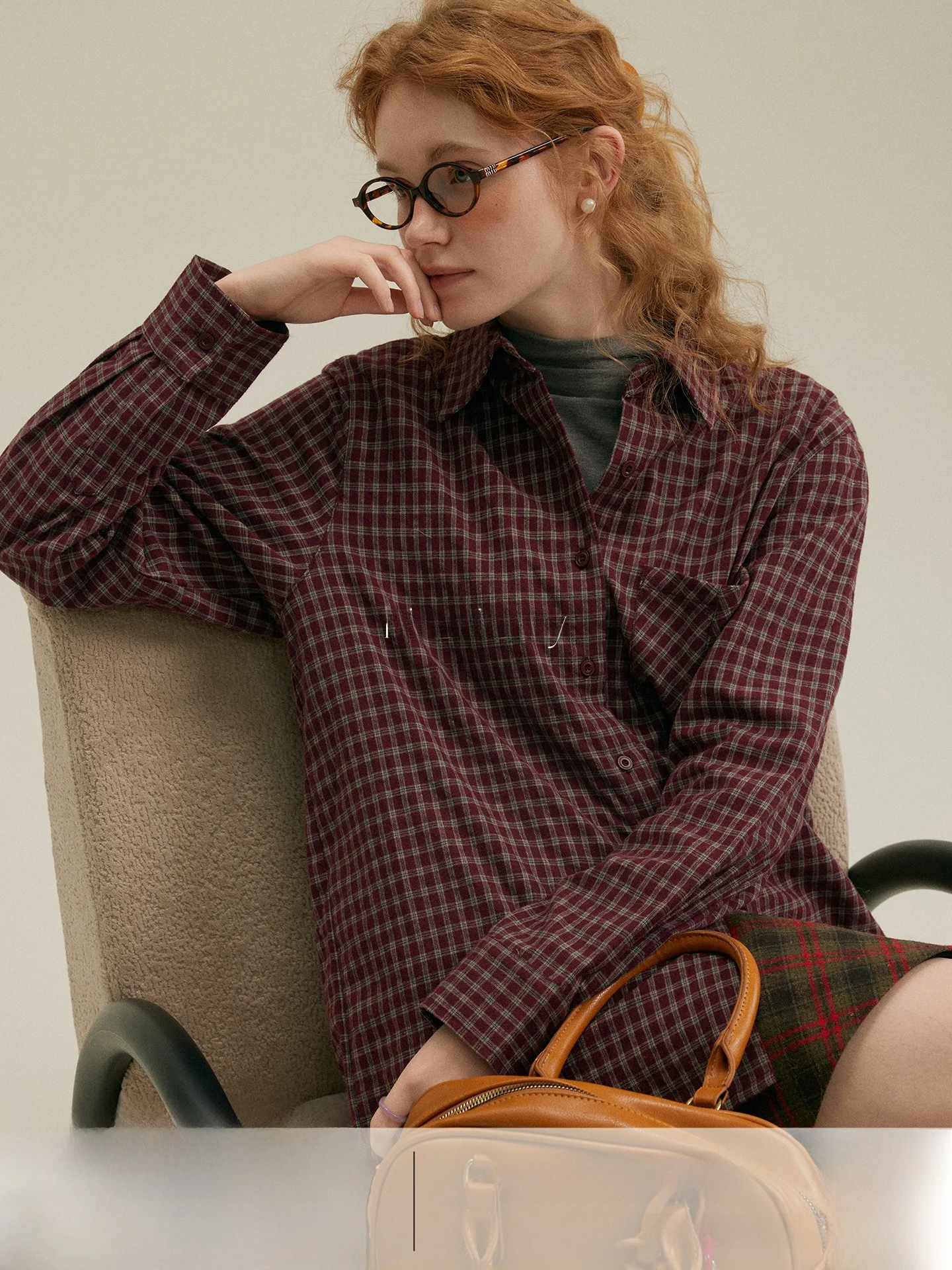 

Rina Berry Double Color Small Plaid Loose Fit irt Stand Collar Inner Wear Design Vintage Commute Women's Casual Sle
