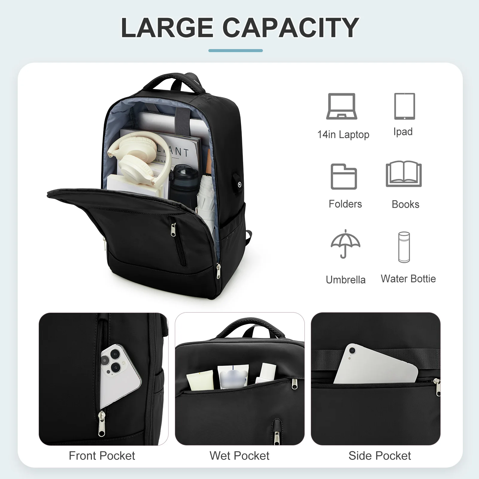 حقيبة ظهر للسفر على شكل طائرة للرجال والنساء، حقيبة ظهر للكمبيوتر المحمول مقاس 15.6 بوصة، حقيبة عمل للمقصورة خفيفة الوزن وطاردة للماء #3