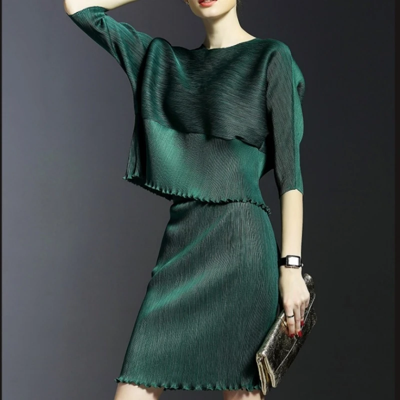 Three Quarter Sleeve Dresses For Women Celebrity Temperament Slim Fit Solid Color Pleated Dress With Buttocks Wrapped Suit Skirt