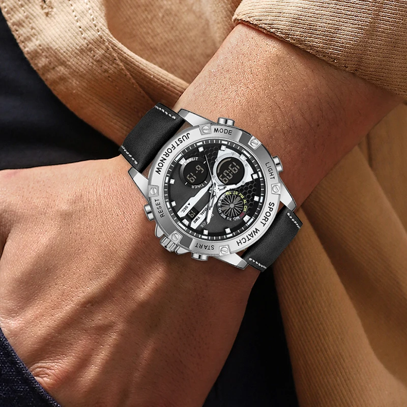 2025 فوكس بوكس ساعات رياضية للرجال قوي مضيئة عرض مزدوج مقاوم للماء كوارتز ساعة يد جلدية أصلية Relogio Masculino