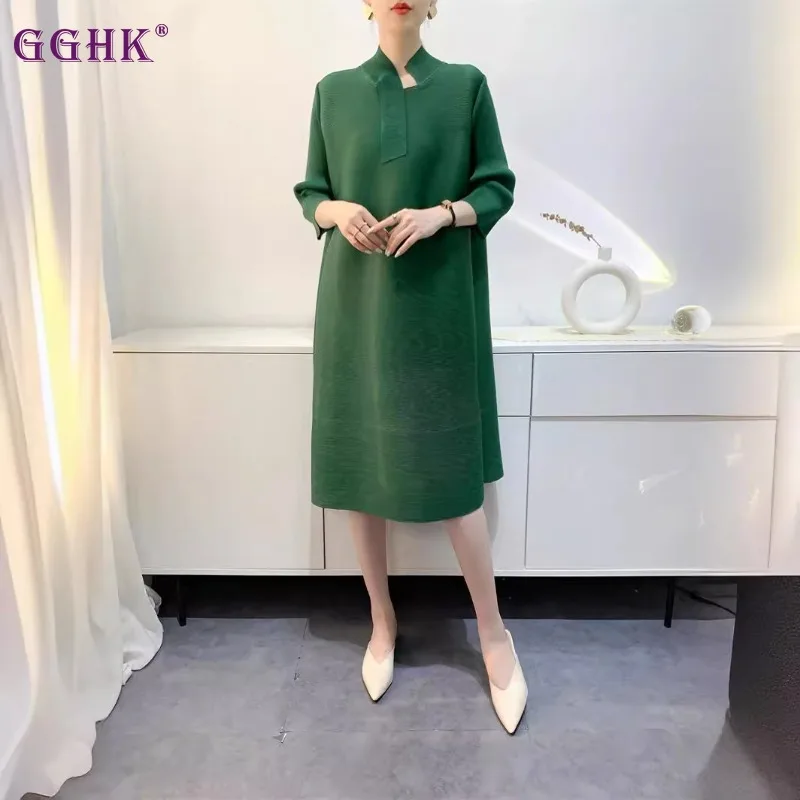 

GGHK Pleated Women Casual Dress 2024 Spring and Autumn New Solid Color Loose Large Size Design Korean Fashion Dresses