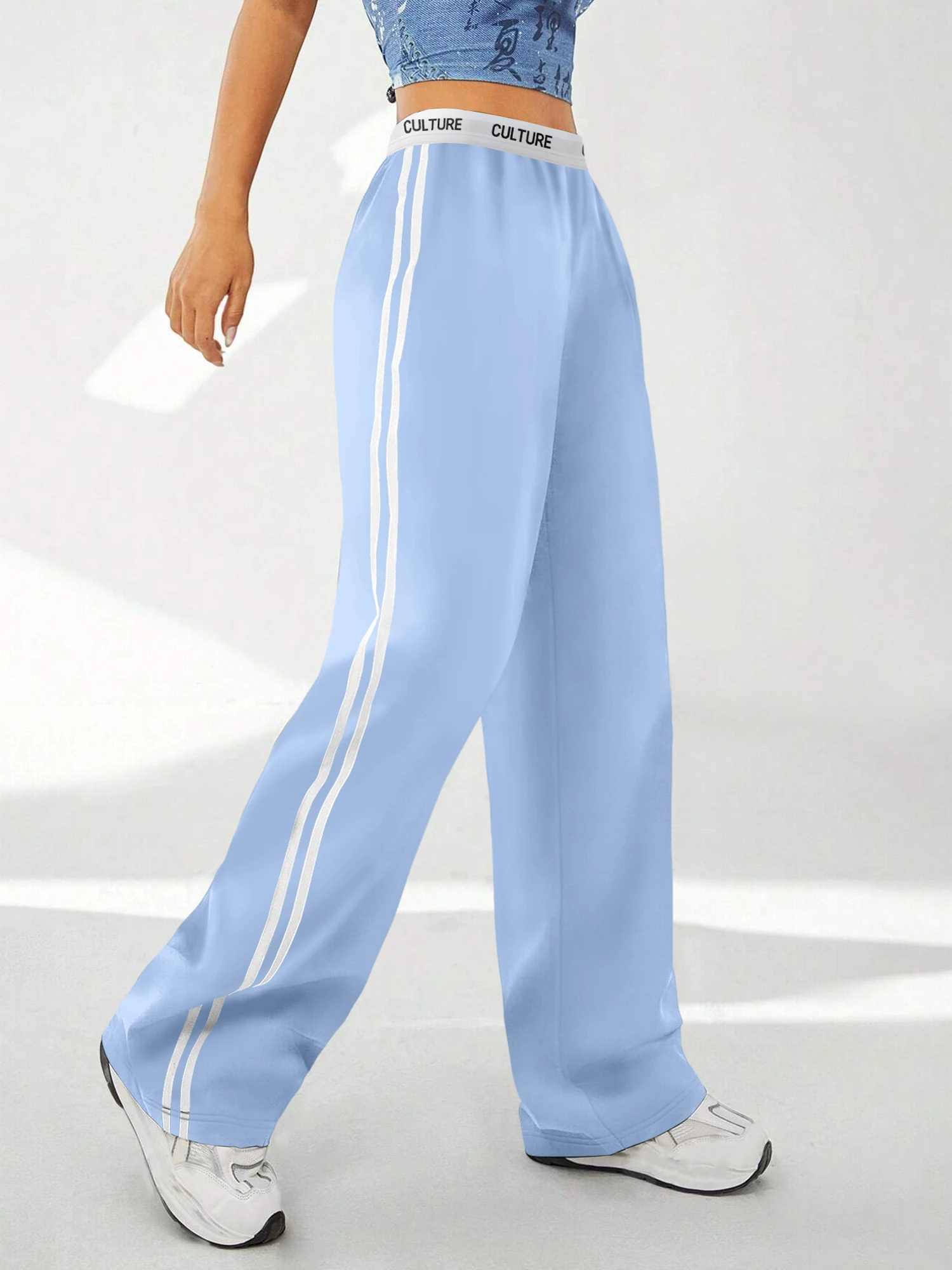 Women's "CULTURE" Waistband Pants - Side Stripes Wide Leg Casual Trousers