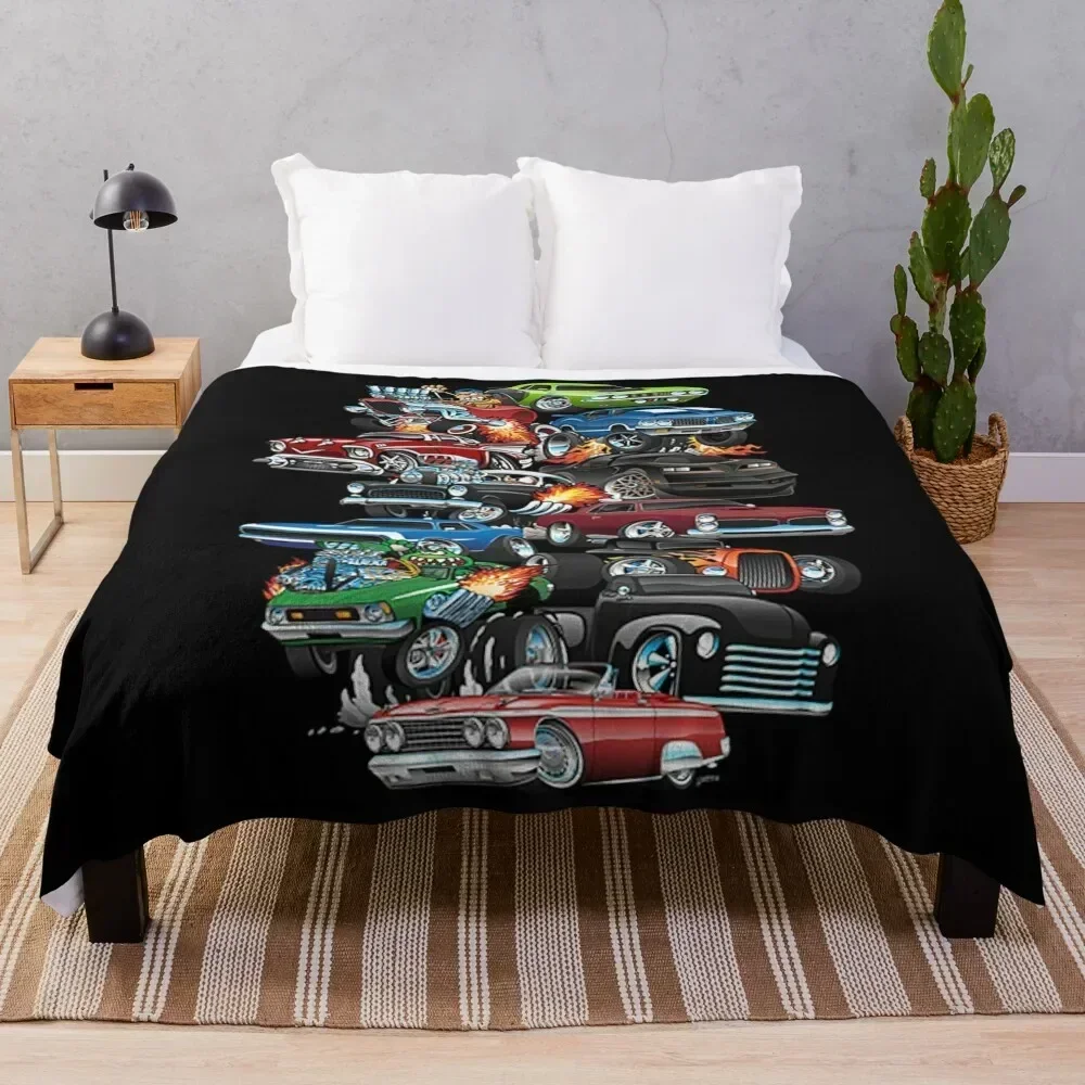 Car Madness! Muscle Cars and Hot Rods Cartoon Throw Blanket Cute Soft Plaid For Baby Blankets
